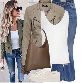 Kort Outfit met grijs/Khaki/bruin/beige Biker Jas/Jas met Zijrits/KunstLeren Jas Only "Modieuze lente-outfit"