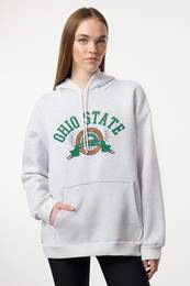 Gray Melange Thick Inside Fleece Slogan Printed Hooded Knitted Sweatshirt