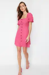 Fuchsia A-Line Mini Woven Dress with Balloon Sleeves