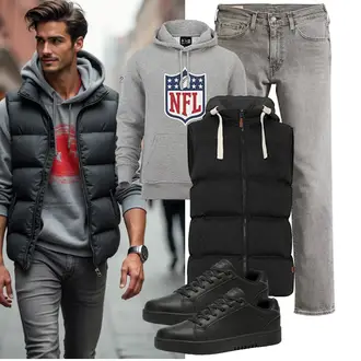 Streetwear Outfit mit Outdoorweste b BLEND "Freizeit Outfit"Look: Western, GoGo, Goa, Outdoor, Indoor, Lack, Schütze, Retro, Sportlich, Streetwear, Unisex, Oversize, Vintage