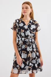 2502 Short Sleeve Patterned Chiffon Dress - A.Black
