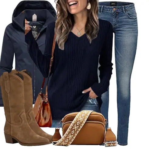 Braun Klassischer Stiefel/Spitzer Stiefel/Western Stiefelette/Vintage Stiefel/WeitschaftStiefel/ReitStiefel/CowboyStiefel/Cowboy Stiefel Tamaris kombinieren mit Dunkelblau Longpullover/Strickpullover/Winterpullover/Stillpullover/Basic Pullover/Einfacher Pullover/Thermo Pullover/Pullover Mit V-ausschnitt GLEENOD