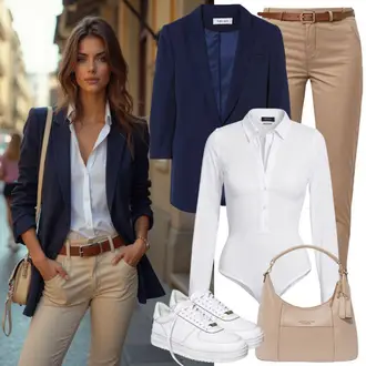 Smart Casual Outfits Sommer mit Dunkelblau Blusenblazer/Blazerjacke/Longblazer/Boyfriend Blazer/Oversize Blazer VERO MODA Curve, Weiß/Creme Plateau-Sneaker/Schmaler Sneaker/Leder Sneaker/Sneaker Low/Sneaker Mit Seitlichem Reißverschluss REMONTE, Rosa/Gold/Beige Teddy Tasche/Schulranzen/Schultertasche/Schultertasche/Kleine Tasche Love Moschino, Creme/Weiß Slim Fit Bluse/Blusenbody VERO MODA, Beige/Khaki/Braun Boyfriend Hose/Gerade Hose/Chino Hose/Bügelfaltenhose/Bundfaltenhose/Musselin Hose/Hose mit Schlitz/Anzughose/Business Hose Comma "Freizeit Bekleidung"