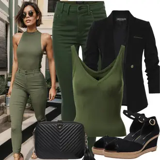 Flughafen Outfits Casual mit Khaki/Dunkelgrün/Grün Treggings/Jeggings/Push up Hose/Slim Hose/Twill Hose/Cord Legging/Stretchhose/Skinny Hose bianca "Office Casual Style"Look: Smart Casual, Nahtlos, Casual