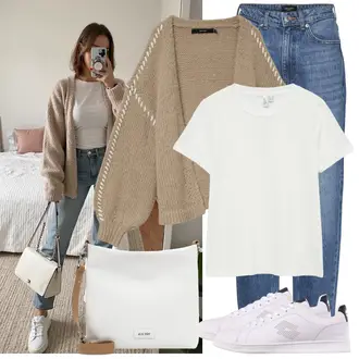 Boho Outfit met bruin/grijs/Khaki/beige/Donkergroen Cardigan met ronde hals/Kort gebreid vest/Cardigan met franje/Kasjmier cardigan/Vintage vest/Boucle vest/Winter vest/Wollen vest/Gevoerd vest VERO MODA "Modieuze lente outfit"Look: Casual, Chique, Stijl, Comfortabele, Boho, Extra groot, Jaren 20, Naadloos