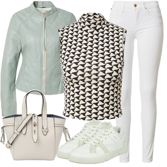 Outfit mit Weiß/Creme/Grau Lederjacke/Jeans mit Schlitz/Push up Jeans/Leder Schuhe/Slim Fit Jeans/High Waist Jeans/Knöchelstiefel/Low Rise Jean Tommy Hilfiger "Modisches Freizeit Outfit"