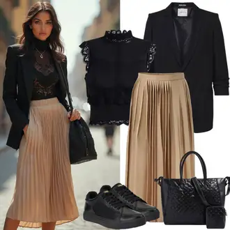 Otmjene kombinacije Old Money sa Siva/Bež/Smeđa/Kaki Maksi suknja/Plisirana suknja/Pletena suknja/Suknja Za Matični Ured bershka, Crna SOAKED IN LUXURY "Savršeni građevinski outfit"Look: Običan, 30-ih godina, Old Money, Besprijekorno, 20-ih godina, Elegantan, klasický, Rap, Ured, Poslovni, Šik, cool, Prevelik