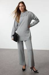 Grey Rose Detail Raised Knitwear Bottom-Top Set