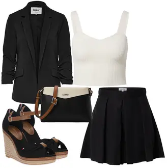 Kurz Outfit mit Schwarz/Beige A-Linien-Rock/College Rock/Ausgestellter Rock/Minirock/Moderne Rock/Schuluniform Rock/Plisseerock Kurzer Faltenrock/Unisex Rock/Woll Rock/Musselin Shorts/High Waist Shorts/Baggy Short/Kurze Hose/Paperbag-Shorts Edited "Schickes Sommer Outfit"