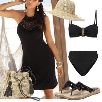 Old Money Outfit sa Crna Pletena Haljina/Platnena Haljina/Haljina sa halterima/Pamučna Haljina/Smjela Haljina Lascana "Savršeno Za Ljeto"Look: Jazz, Old Money, Disko, Preodjeven, Etno