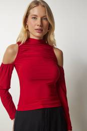 Happiness stanbul Women's Red Open Shoulder Detailed Knitted Blouse