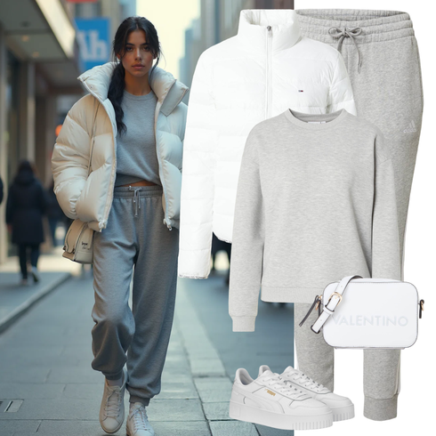 Comment poter Blanc/Crème Veste Doudoune/Veste en Duvet/Veste Matelassée/Doudoune D'été/Veste Durable/Veste Synthétique/Veste Thermique/Veste d'Hiver Tommy Jeans avec Gris/Gris clair Costume de jogging/Pantalon d'entraînement/Pantalon de Sport/Pantalon en Jersey/Pantalon Polaire/Pantalon Jogger/Pantalon de Jogging adidas sportswear