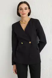Black V Neck Fitted Double Breasted Woven Blazer Jacket