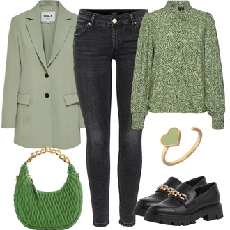 Outfit sa Zeleno/Tamnozelena Bluza s Puf Rukavom/Oversize Bluza/Bluza s Printom/Bluza s Podignutim Ovratnikom/Bluza s Uzorkom/Dječja igračka/Bluza Vrh/Carmen Bluza VERO MODA "Cool proljetni look"