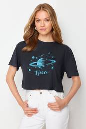 Anthracite Premium 100% Cotton Planet Printed Relaxed/Comfortable Fit Crop Knitted T-Shirt