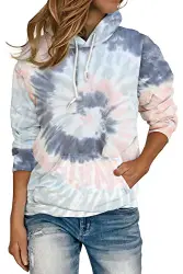 HVEPUO Damen Langarm Buntes Hoodie College Tie Dye Batik Pullover Locker Mit Kordelzug Taschen Sweatshirt Mode Aesthetic Womens Top Vintage Clothes Hemd Blau M