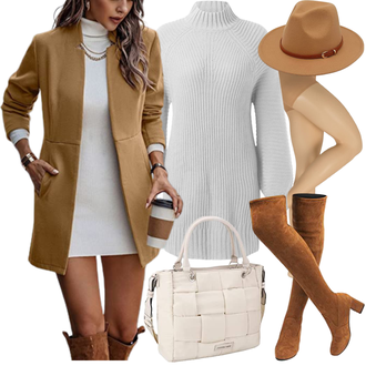Outfit mit Braun/Orange/Beige Leder Overknee Stiefel/Kniehoher Stiefel/Flache Overknee Stiefel/Langer Stiefel/Overknee Stiefel Hitmars "Modischer Look für den Herbst"