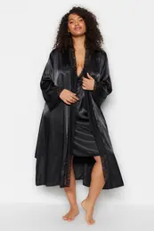Curve Black Plain Satin Dressing Gown