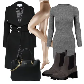 Outfit sa Smeđa/Tamnoplava/Siva/Tamnosiva/Bež Kožna Jakna/Chelsea Gležnjača Tamaris "Zimski outfit"