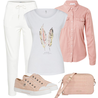 Outfit mit Weiß/Creme/Khaki Hose Große Größe/7/8 Hose/Freizeithose/Baumwollhose/Bügelfaltenhose/Jerseyhose/Jogger Hose/Lange Hose/Musselin Hose/Slim Hose/Schlupfhose/Jogginghose Only "Toller Look für den Frühling"
