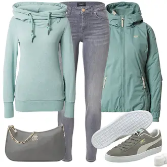Outfit mit Grau/Hellgrau Lederjacke/Damen 7/8-Länge Jeans/Ankle Boot/High Waist Jeans/Jeans mit Schlitz/Low Rise Jean/Low Waist Jean/Push up Jeans/Slim Fit Jeans/Schlupfjeans/Cuir Chaussures/男士皮夹克/Winterjacke VERO MODA "Cooles Herbst Outfit"