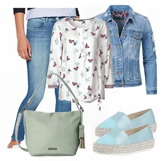 Outfit mit Blau/Fliederfarben/Lila Schluppenbluse/3/4 Bluse/Verspielte Bluse/Langarmbluse/Schlupfbluse/Gemusterte Bluse/Bluse Oberteil/Lederjacke/Sportliche Bluse/Bluse Mit Schleife/Druckbluse Street One "Street One"