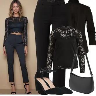 Regular Outfit sa Crna Poslovna Hlača/Hlače s 5 Džepom/Boyfriend Hlače/Bengalke Hlače/Hlača od Odijela/Ravna Hlača/Udobna Hlača/Jersey Hlača/Duga Hlača/Uske Hlača VERO MODA "Proljetni Outfit"
