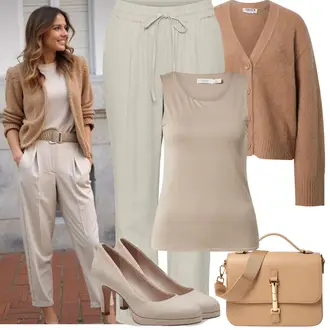 Regular Outfit sa Kaki/Smeđa/Bež Ležerna Hlača/Naborane hlače/Lanene Hlače/Hlače od muslina/Paperbag Hlača/Slip-on Hlača/Ravna Hlača VERO MODA "Proljetni Outfit"