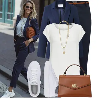Kombinacije za bucmaste Ured sa Tamnoplava Bengalke Hlače/Uske Hlača/Hlača od Odijela/Slip-on Hlača/Hlača od Kepera/Hlače s 5 Džepom/Skinny Hlače/Poslovna Hlača B.young "Moderan outfit za slobodno vrijeme"Look: Vanjski, Pametno ležerno, Ured