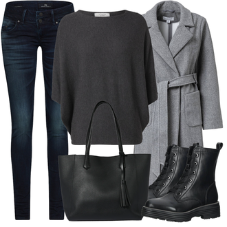 Outfit mit Schwarz/Grau/Dunkelgrau Strick Große/Klassische Tunika/Bluse Lederjacke/Oversize Bluse/Tuniken-Shirt/Shirt & Top Große Größe/Tunika/Pullover Mit Fledermausärmel/Kaschmir Pullover JdY "Perfekt für die Freizeit"
