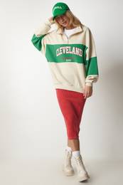 Happiness stanbul Women's Cream Green Block Color Printed Oversize Sweatshirt