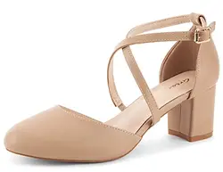 Greatonu Damen Pumps Riemchenpumps Spangenpumps Sandale mit Kreuz Knöchelriemen Blockabsatz Geschlossener Spitze Glitzer Pumps - Perfekt für Hochzeiten und Partys Beige 37 EU