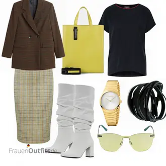 Outfit mit Gelb/Beige 60er Jahre Rock/Woll Rock/Karierter Rock/Hahnentritt Rock/Schottischer Rock/Tweed Rock Edited "Yellow checkered outfit"