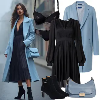 Chic outfity Léto s Černá Košilové šaty/Halenkové Šaty/Tunikové šaty/Šaty s Páskem/Šaty s dlouhým rukávem JdY, Světle modrá/Modrá Bagetová taška/Malá Taška/Nafouknutá taška BeckSöndergaard, Černá Krajkový set spodního prádla/Sada kalhotek podprsenky/Korzetové prádlo/Korselet/Krajkový Body/Korzet/Korzet pod prsa PETITE FLEUR "Perfektní pro jaro"