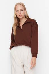 Brown Regular/Normal Fit Basic Polo Neck Regular Thin Knitted Sweatshirt