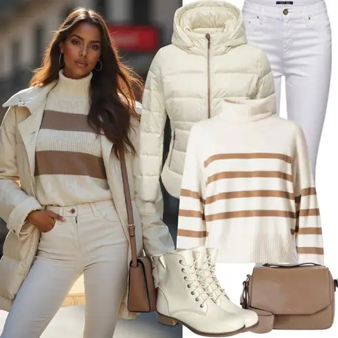Schwarz/Beige/Lila/Weiß Gestreifter Pullover/CarmenPullover/Pullover mit Stehkragen Only kombinieren