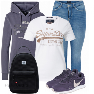 Outfit mit Grau Superdry, Grau T Shirt Superdry "Perfekt für den Frühling"