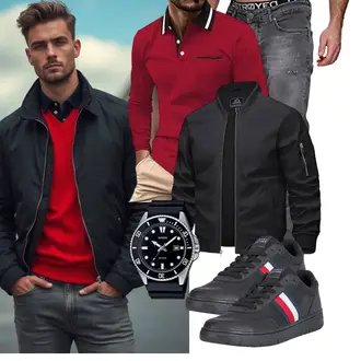 Mit Puff­ärmeln Outfit mit Schwarz/Dunkelgrau/Dunkelblau Collegejacke/Uniformjacke/Fliegerjacke/Jacke mit Seitlichem Reißverschluss/Bomberjacke KEFITEVD "Freizeit Outfit"