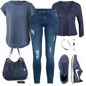 Outfit mit Grau/DunkelBlau/Blau Hemdbluse/Kurzarm Hemd/Casual Hemd/Businesshemd/Kurzarmbluse/Bluse mit Stehkragen/Kurzarm-Tunika/Tuniken-Shirt/Bluse Oberteil/Lederjacke Only "All Blue Freizeitoutfit"