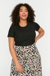 Curve Black Crop Crew Neck Knitted Plus Size T-Shirt