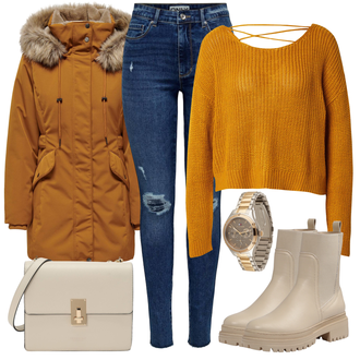 Zima Outfit sa Smeđa/Narandžasta/Bež/Žuta Parka Prijelazna Jakna/Zimska Parka/Kaput Only "Jesenski outfiti"