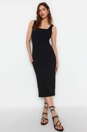 Black More Sustainable Fitted Square Neck Strap Ribbed Mini Stretch Knitted Dress