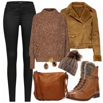 Outfit mit Schwarz Kleid/Tasche/Gürtel/Jeans SOAKED IN LUXURY "Brown"