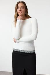 Ecru Tulle Detailed Thin Knit Sweater