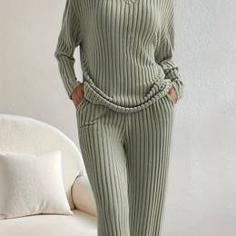 1 Set Women's Plus Size Casual V-neck Sweat Suit, Polyester Knit Ribbed Solid Color Loungewear Set With Stretch Fabric