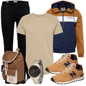 Outfit mit Schwarz Low Rise Jean/Push up Jeans/Regular-Fit Jeans/Lederjacke/Slim Fit Jeans/Leder Schuhe/Thermojeans/Winterjacke Only & Sons "Freizeit Outfit"
