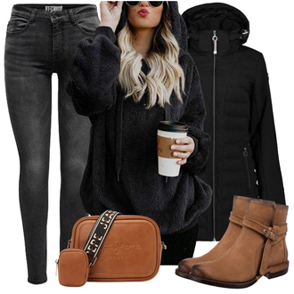 Winter Outfits Knielang mit Grau/Dunkelgrau/Schwarz Jeans mit Loch/Winterjacke/Push up Jeans/Jeans mit Schlitz/Leder Schuhe/Thermojeans/Sweatjeans/Lederjacke/Knöchelstiefel JdY "Perfekt für den Winter"