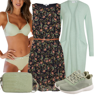 Outfit mit Schwarz A-Linien Kleid/Boho Kleid Sommer/Lässiges Kleid/Herbstkleid/Geblümte Kleid/Nicki Kleid/Bedrucktes Kleid/SkaterKleid/Ärmelloses Kleid About You "Auffälliger Sommerlook"