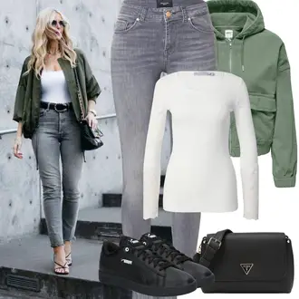 Winter Outfit mit Grau/Hellgrau Lederjacke/Damen 7/8-Länge Jeans/Ankle Boot/High Waist Jeans/Jeans mit Schlitz/Low Rise Jean/Low Waist Jean/Push up Jeans/Slim Fit Jeans/Schlupfjeans/Cuir Chaussures/男士皮夹克/Winterjacke VERO MODA "Frühling outfit"