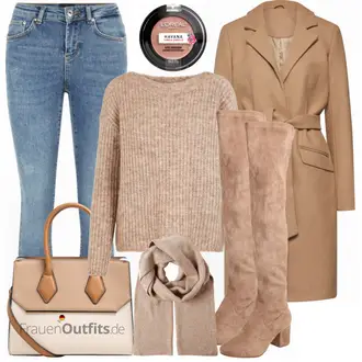 Outfit mit Braun/Beige Overknee Stiefel/Flache Overknee Stiefel/Kniehoher Stiefel/Leder Overknee Stiefel/Langer Stiefel About You "Vero Moda Pullover"
